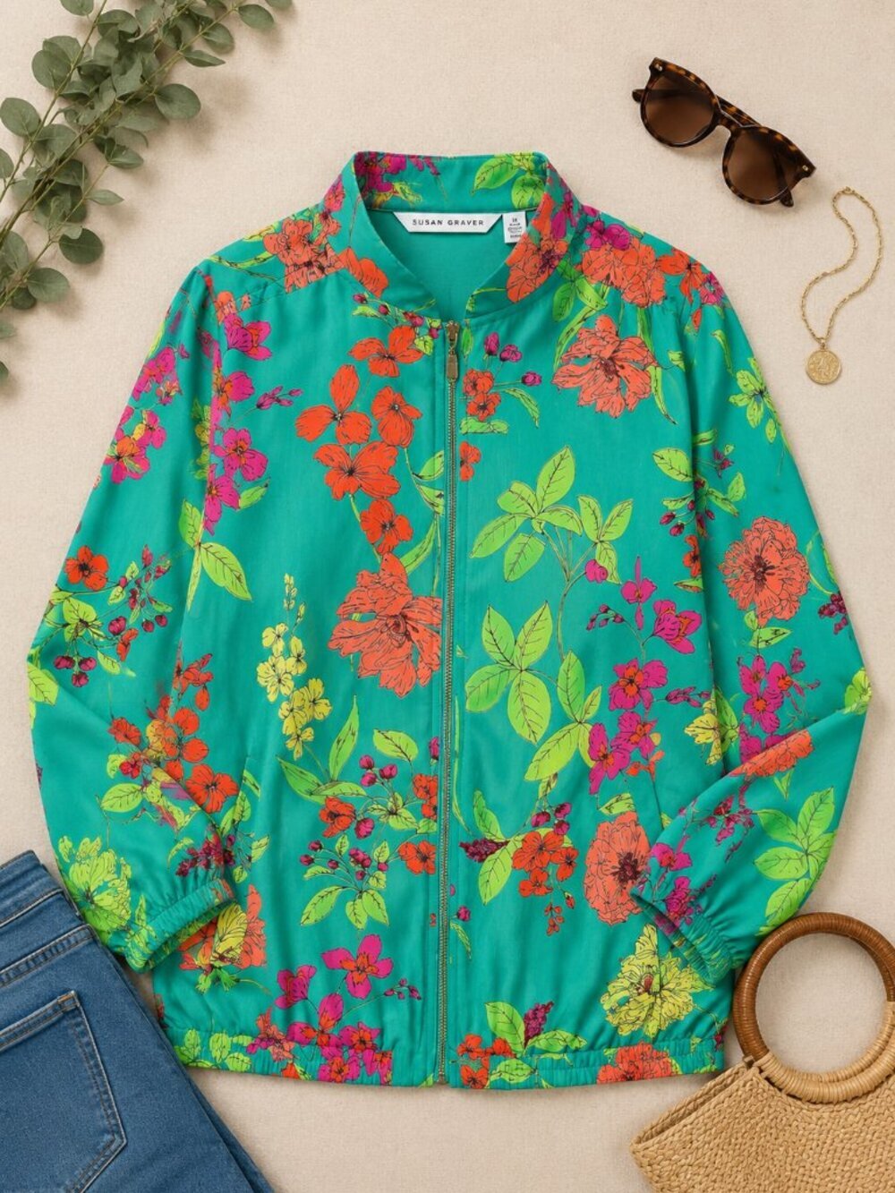 Susan Graver Floral Zip Front Jacket 1X Green Tropical Lightweight Blazer